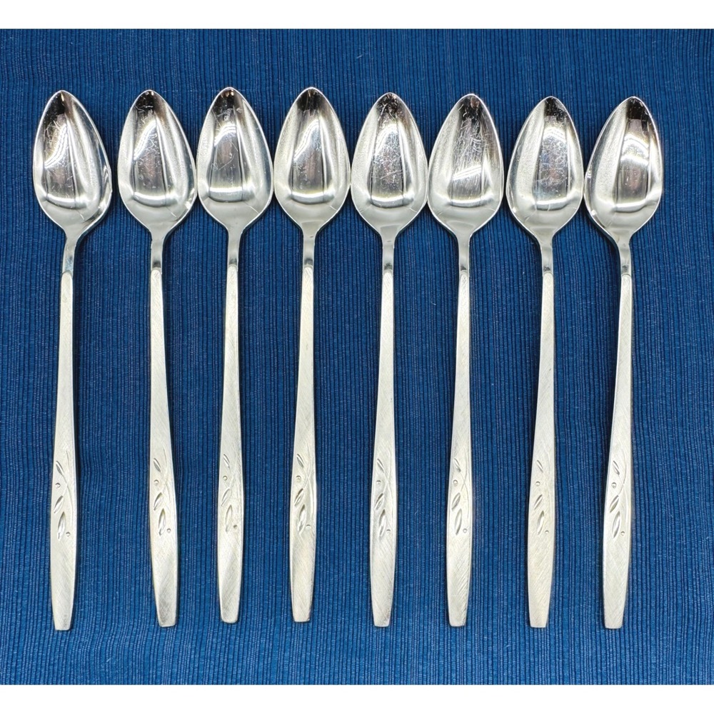 Oneida Heirloom Cube Will O Wisp Iced Tea Spoon Stainless Steel Leaf Set of 8